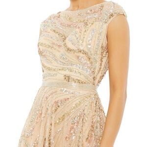MAC DUGGAL Embellished Cap-Sleeve Gown Women's 16 Beige Multi Back Zip Closure